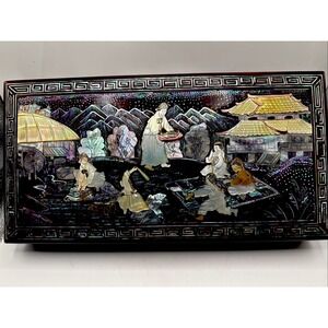 Vtg Carved Mother of Pearl Inlay Tobacco Smoking Holder Ash Tray Box Detailed